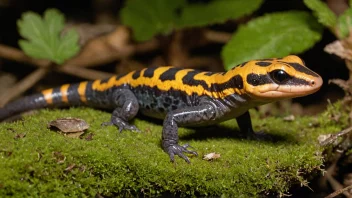 En salamander som sitter på en stein i en skog, med et uskarpt bakgrunn.