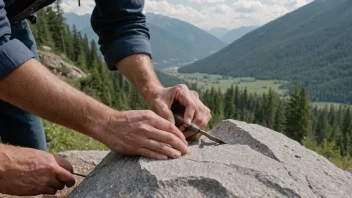 Ein person hugger ut eit mønster i ein stein, med eit fjellandskap i bakgrunnen.