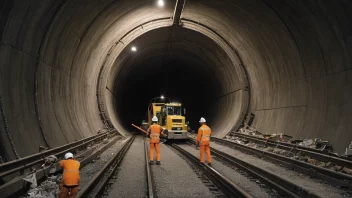 En illustrasjon av en tunnelrehabiliteringsprosess, med arbeidere og maskiner som reparerer og vedlikeholder en tunnel.