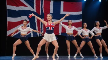 En gruppe dansere som opptrer på scenen, med et norsk flagg i bakgrunnen.