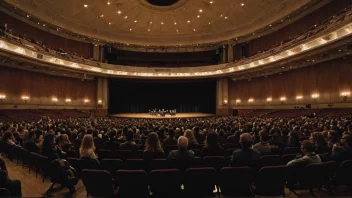 En stor konsertsal med en stor scene og seter for flere hundre mennesker