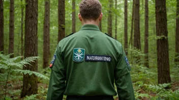 En naturvakting står i en skog, iført en grønn uniform og et merke.