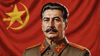 Et bilde av Josef Stalin, lederen av Sovjetunionen fra 1924 til 1953, som står foran et sovjetisk flagg.