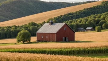 En tradisjonell norsk kornbygning i et landlig landskap med rullende åser og marker med gyllent hvete.