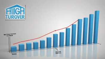 En graf som viser en høy omsætningsrate, med en bedrift eller et selskap i bakgrunnen.