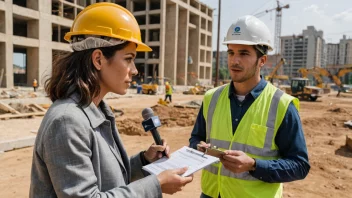 En journalist med en notatbok og penn som intervjuer en arbeider i en hardhatt og vest på en byggeplass