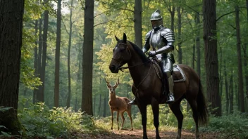 En ridder på hesteryggen rir gjennom en skog, med en hjort i bakgrunnen