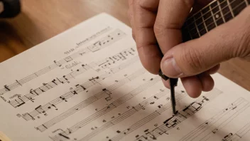 En musiker som spiller gitar med et noteark i bakgrunnen som viser en akkordprogressjon.