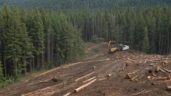 En skog med trær som blir hogd ned, med et tydelig hogstområde i bakgrunnen.