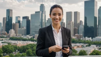 En person i dress, holder en smarttelefon og smiler selvtilfreds, med en bysilhuett i bakgrunnen.