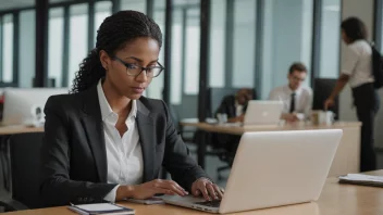 En person som arbeider på en laptop på et kontor.