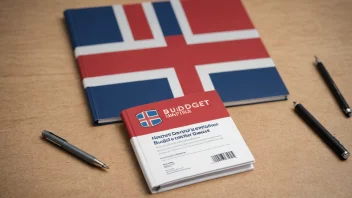 Et bilde av en budsjettinstruks med en norsk flagg i bakgrunnen.