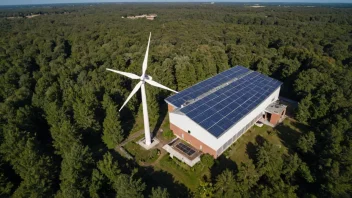 En fabrikk med en vindturbin og solceller på taket, omgitt av trær og en blå himmel.