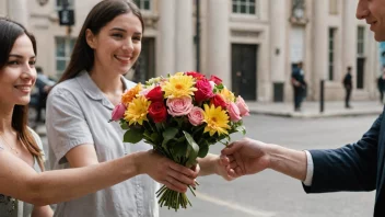 En person med et vennlig smil som deler ut buketter av fargerike blomster til glade mottakere