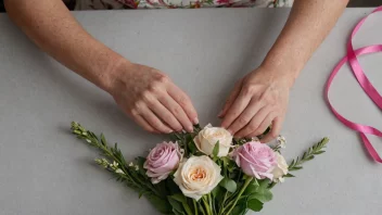 En persons hender binder en bukettbinding med fargerike blomster og bånd