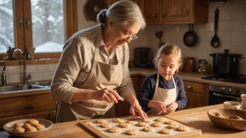 En farmormor og hennes barnebarn baker kaker sammen.