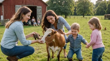 En glad familie på bondeferie, omgitt av dyr og natur