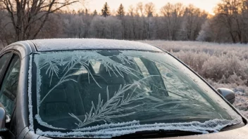 En bilvindu dekket av morgenfrost, med et vinterlandskap i bakgrunnen