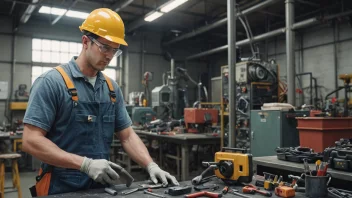 En vedlikeholdsarbeider i en fabrikk eller industriell setting, med ulike verktøy og utstyr i bakgrunnen.