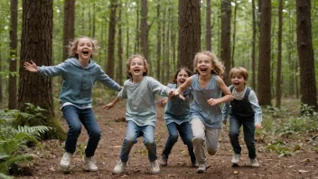 Barn som leker i skogen, og nyter naturen