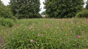 En hage med ugress og stubber, med noen blomster og trær i bakgrunnen.