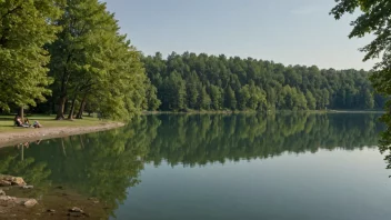 En fredelig vannscene med en rolig innsjø, omgitt av frodige grønne trær og noen mennesker som sitter på bredden, slapper av og nyter landskapet.