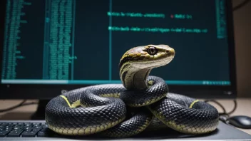 Et bilde av en slange som er viklet rundt en dataskjerm med kode i bakgrunnen, som representerer programmeringsspråket Python.