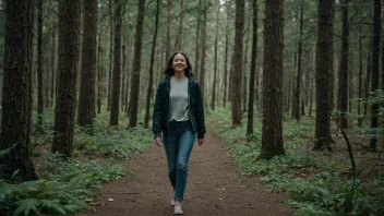 Et fredelig og rolig bilde av en person som nyter en deilig spasertur i skogen.