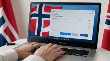 En person som justerer et budsjett på en dataskjerm med et norsk flagg i bakgrunnen.