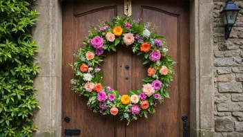 Et vakkert blomsterbånd på en tre-dør, omgitt av frodig grønnskap og fargerike blomster.