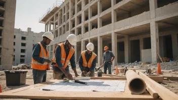 En byggeplass med arbeidere som reparerer en bygning, med en prosjektplan og verktøy i forgrunnen.