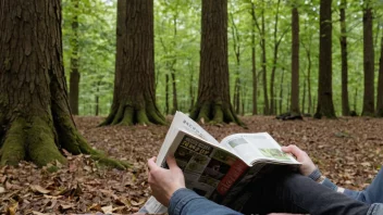 En person som sitter på en stein i en skog og leser et tidsskrift om friluftsliv og aktiviteter.