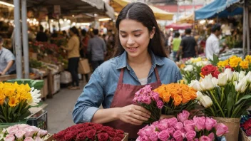 En blomstereselger som står bak en disk med en rekke blomster på utstilling