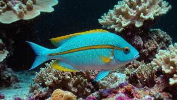 En liten, fargerik fisk med gule og blå striper, som svømmer i et korallrev.