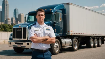 En lastebilsjåfør i uniform, stående ved siden av en stor lastebil med en lastetrailer.