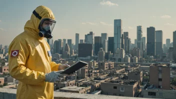 En person i en hazmat-drakt holder en tablet med en ødeleggelsesløsning på skjermen, med en by i bakgrunnen.