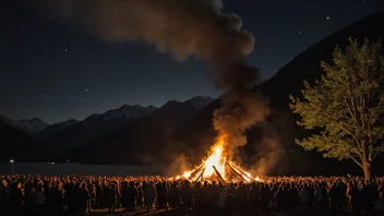 Et likbål som brenner om natten, med mennesker samlet rundt det.