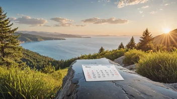 Et bilde som representerer et feriesystem, med en kalender og et naturskjønt landskap.