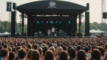 En livlig konsertscene med et band på scenen og et stort publikum som nyter musikken.