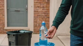 En person som holder en gjenbrukbar vannflaske med en resirkuleringsbehålder i bakgrunnen, som symboliserer gjenbruk av ressurser.