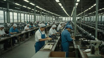 En fabrikk som produserer fotbekledning, med flere maskiner og arbeidere i full aktivitet.