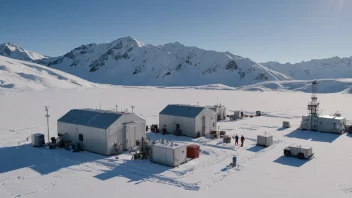 En forskningsstasjon i et fjernt, snørikt område med forskere og utstyr