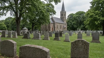 En steinmur som omgir en gravlund med gamle gravsteiner og en kirke i bakgrunnen