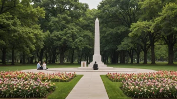 Et fredelig landskap med et minnesmerke eller monument i sentrum, omgitt av trær, blomster og noen mennesker som sitter eller står i kontemplasjon.