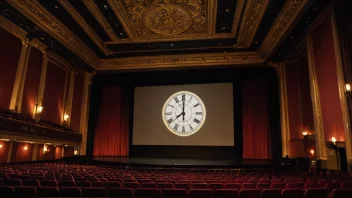 En kino eller konsertsal med en klokke som viser ettermiddagstid.