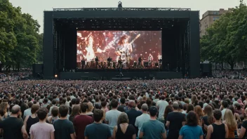 Et livebilde av en konsert på en stor skjerm, med en folkemengde som ser på.