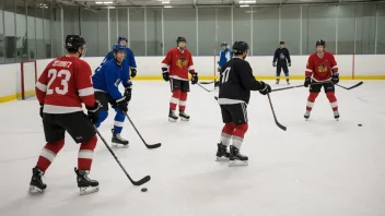 En gruppe ishockeyspillere under trening, med en trener eller instruktør i bakgrunnen.