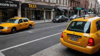 Et taxistopp med et tydelig skilt og en taxi som venter