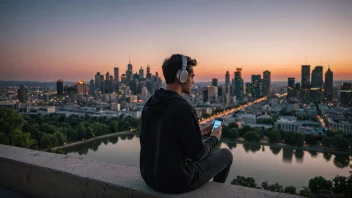 En person som slapper av og lytter til musikk på telefonen sin i en fredelig kveldsstemning.