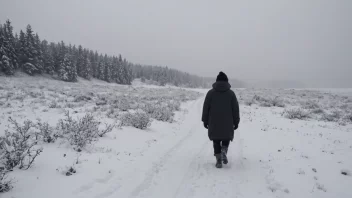 En person på en kald vinteretur, omgitt av snødekte trær og en frossen innsjø i bakgrunnen.